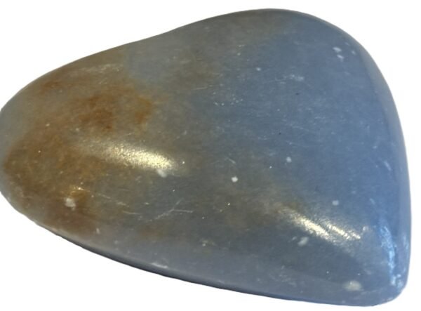 Polished natural angelite carved heart crystal 1 sians emporium Smooth polished blue angelite carved heart crystal showing natural white mineral flecks on a white background